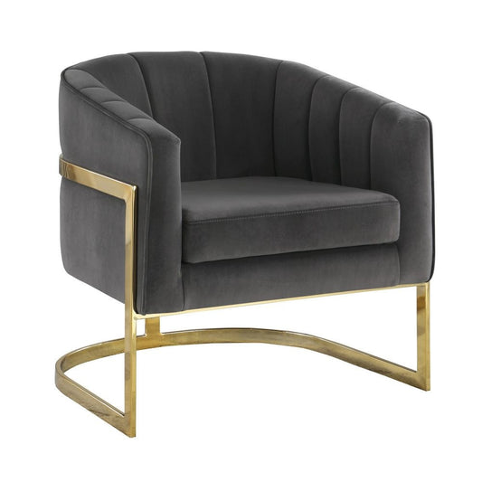 30 Inch Barrel Foam Accent Chair, Brushed Gold Floating Base, Gray Velvet By Casagear Home