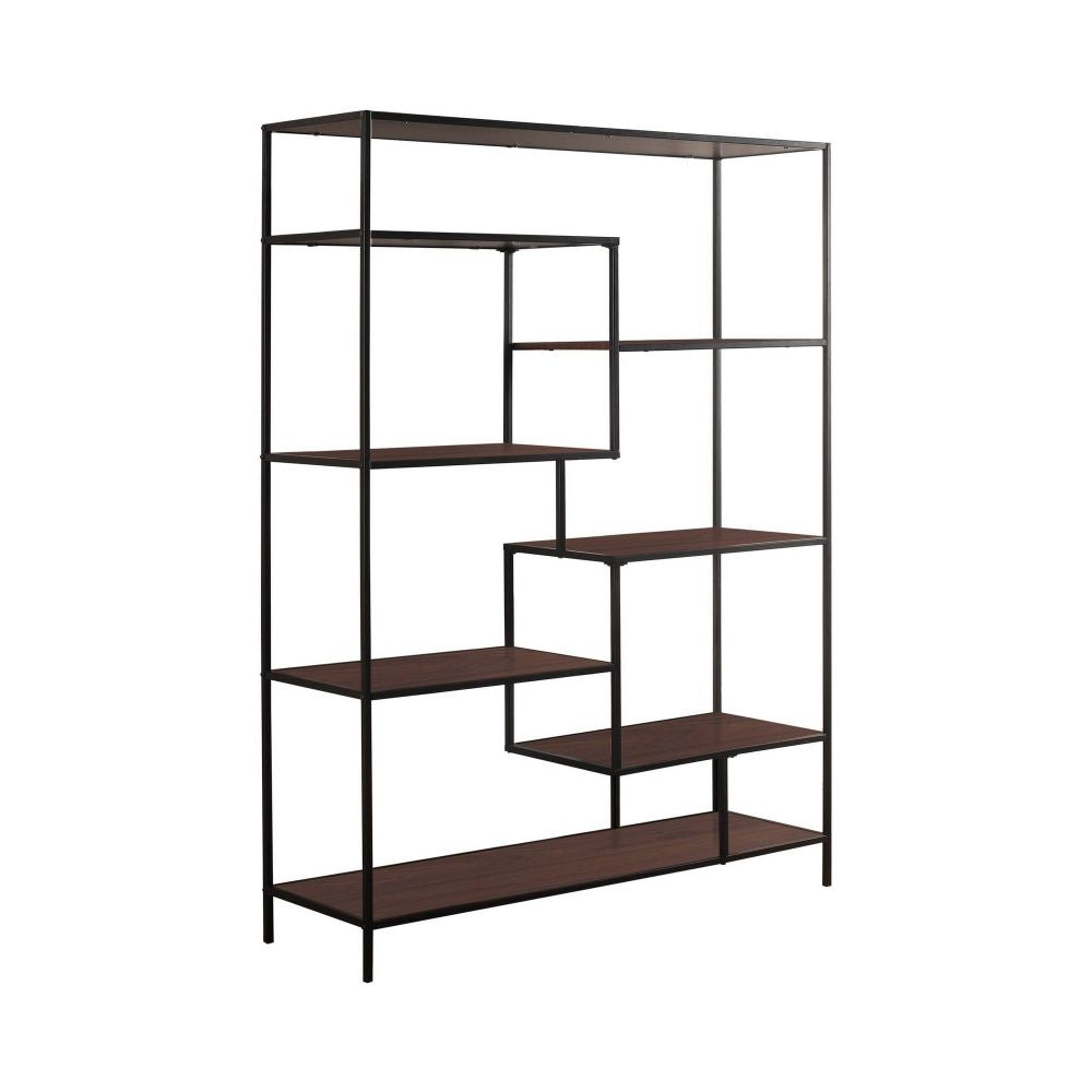 65 Inch Bookcase Etagere, 7 Walnut Brown Wood Shelves, Black Metal Frame By Casagear Home