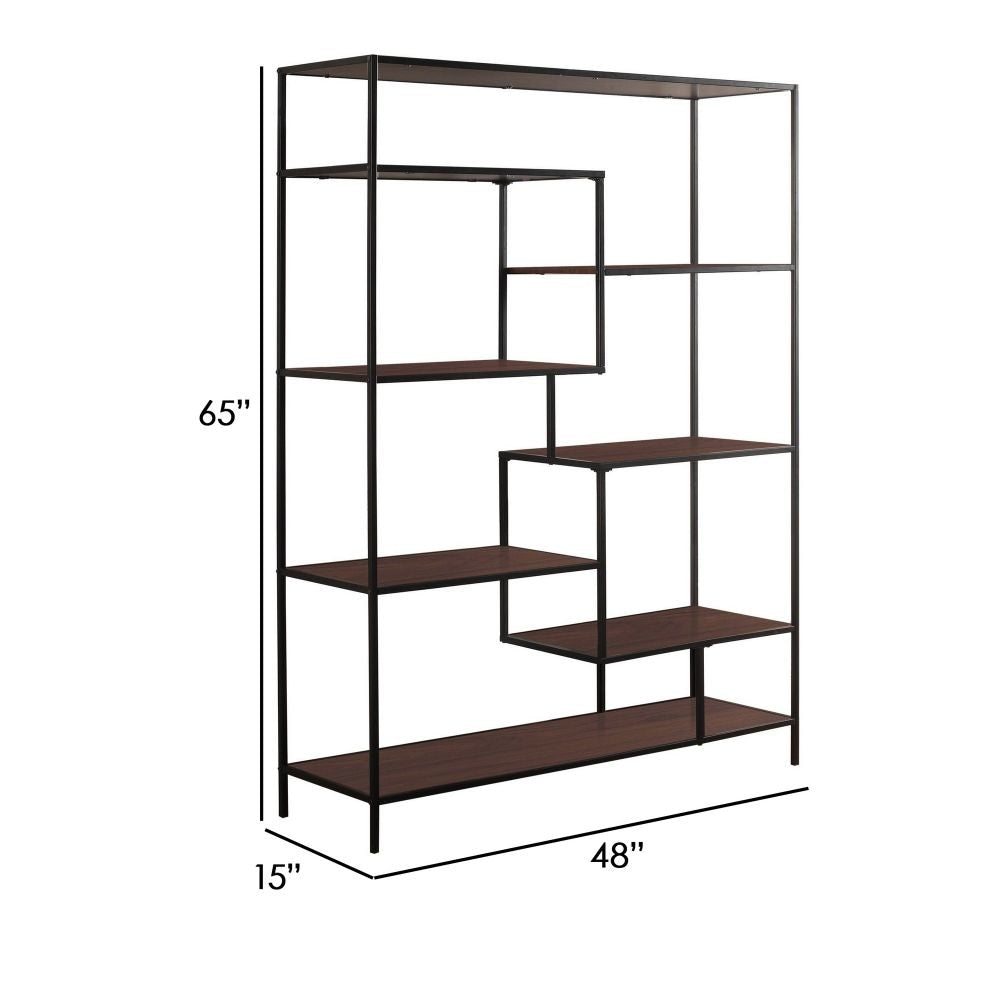 65 Inch Bookcase Etagere 7 Walnut Brown Wood Shelves Black Metal Frame By Casagear Home BM296133