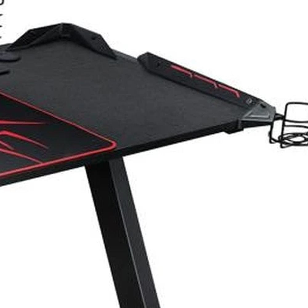 60 Inch Z Shape Gaming Desk RGB Lighting Headset Hook Cup Holders Black By Casagear Home BM296149