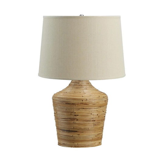 26 Inch Cottage Table Lamp, Metal And Rattan Base, White Fabric Drum Shade By Casagear Home