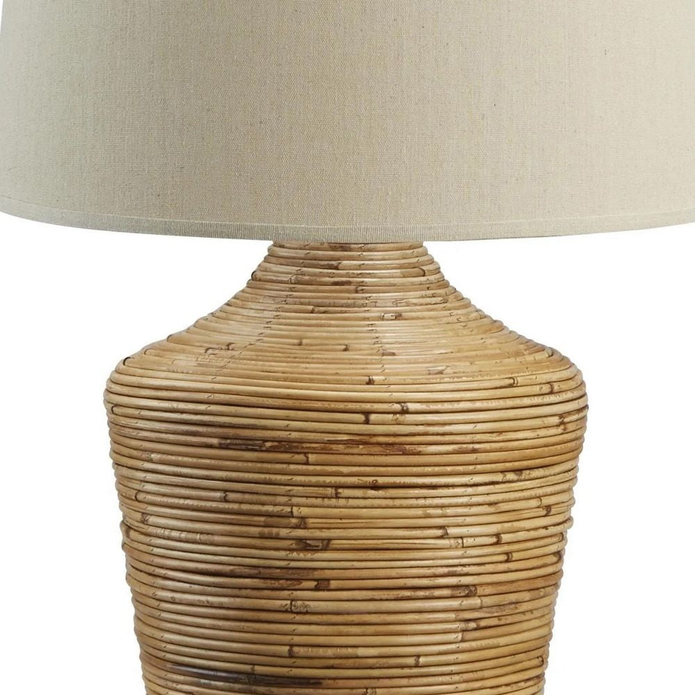 26 Inch Cottage Table Lamp Metal And Rattan Base White Fabric Drum Shade By Casagear Home BM296523