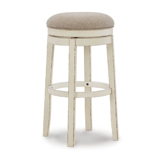 30 Inch Swivel Backless Barstool, Distressed White, Beige Polyester Seat By Casagear Home