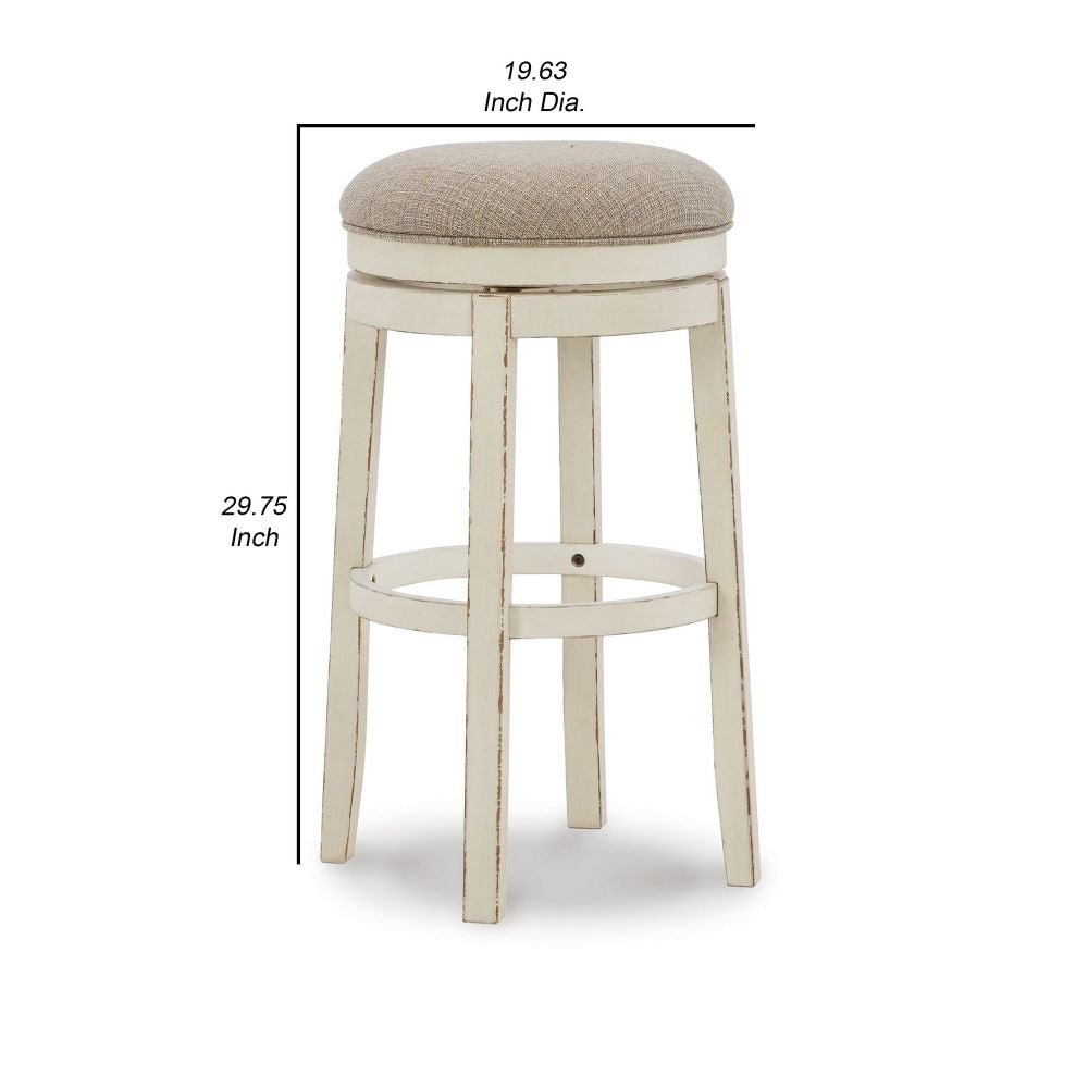 30 Inch Swivel Backless Barstool Distressed White Beige Polyester Seat By Casagear Home BM296538