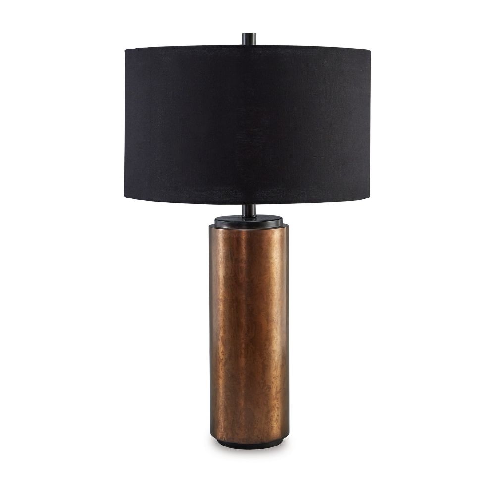 30 Inch Modern Table Lamp, Cylindrical Brass Metal Base, Black Drum Shade By Casagear Home