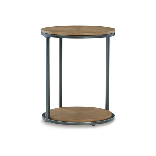 22 Inch Modern Side End Table, Round Wood Top, Black Metal Frame, Brown By Casagear Home