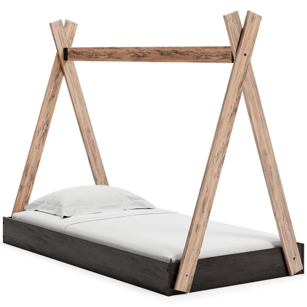 Pipa Modern Twin Size Bed, Crossed Wood A Frame Tent Stand, Jet Black Base By Casagear Home