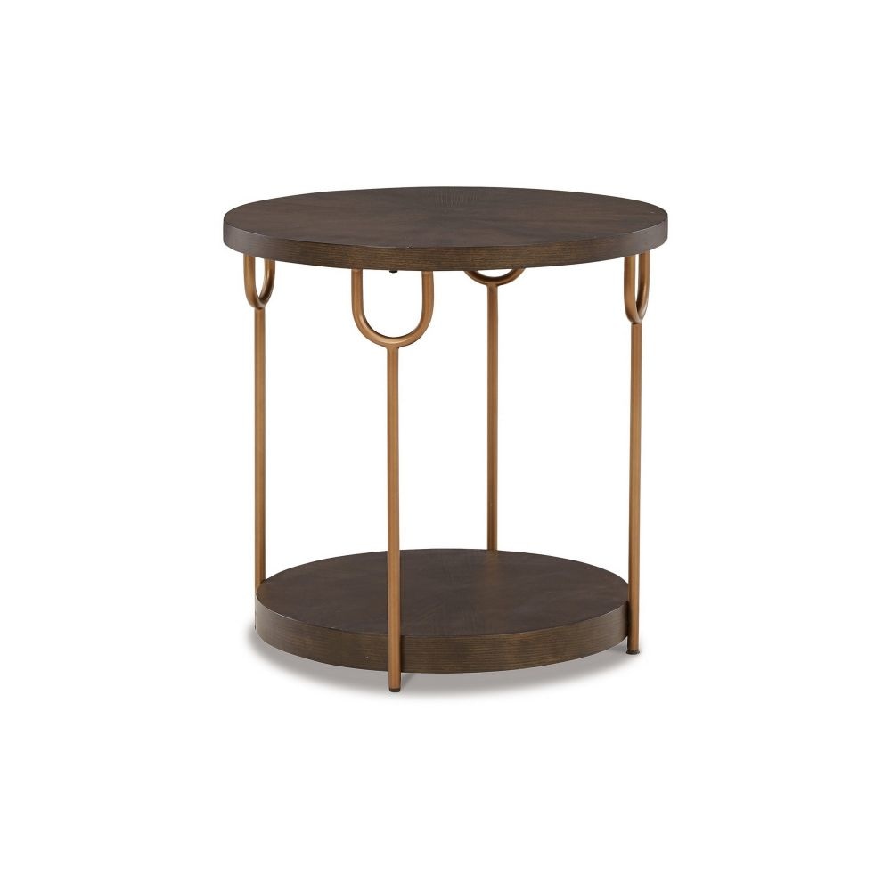 24 Inch Modern Round Side End Table, Espresso Brown Wood, Gold Metal Legs By Casagear Home