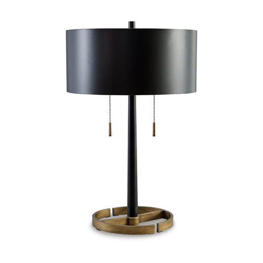 Kien 24 Inch Modern Table Lamp, Black Metal Drum Shade, Gold Toned Base By Casagear Home