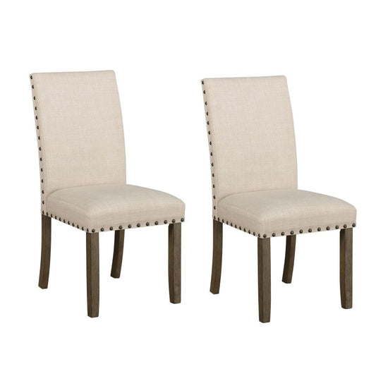 19 Inch Beige Fabric Dining Chair, Set of 2, Rustic Brown, Nailhead Trim By Casagear Home