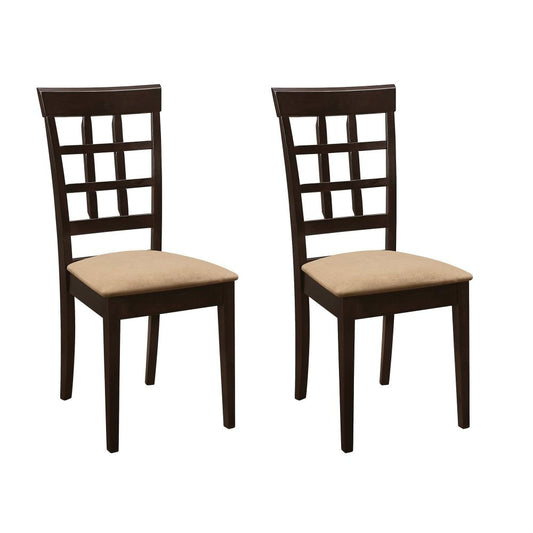 17 Inch Side Dining Chair, Set of 2, Lattice Back Brown Wood, Tan Fabric By Casagear Home