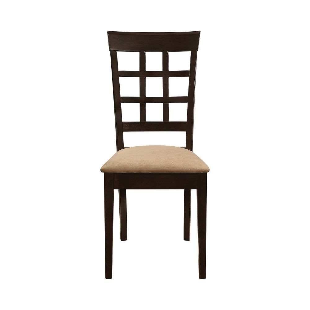 17 Inch Side Dining Chair Set of 2 Lattice Back Brown Wood Tan Fabric By Casagear Home BM296729