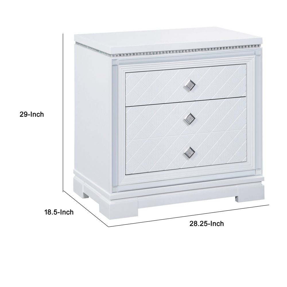 Axl 29 Inch 2 Drawer Nightstand USB Ports Embossed Mirror Trim White By Casagear Home BM296736