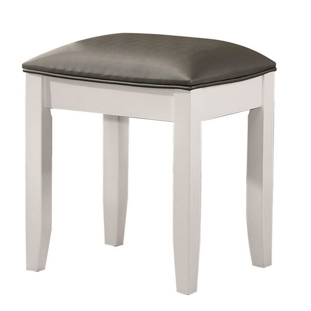 18 Inch Vanity Stool, Foam Cushion, White Frame, Metallic Gray Faux Leather By Casagear Home