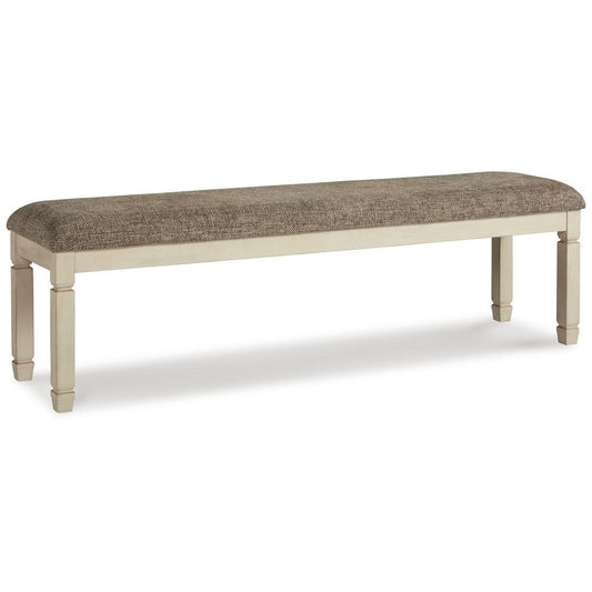 65 Inch Two Tone Dining Bench, Woven Fabric Cushion, Vintage White Wood By Casagear Home