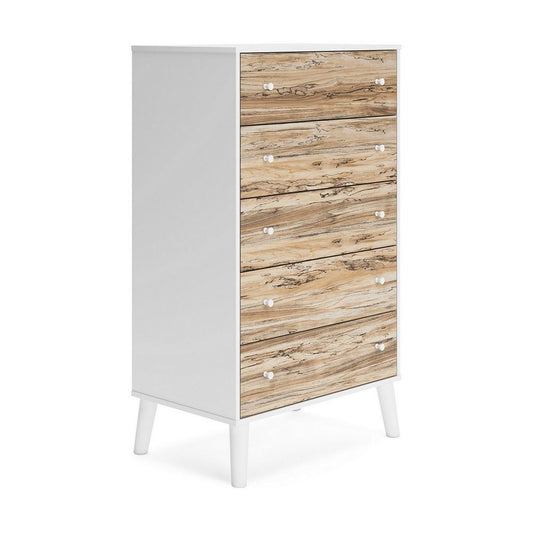 Asher 51 Inch Contemporary 5 Drawer Tall Dresser Chest, White and Brown By Casagear Home