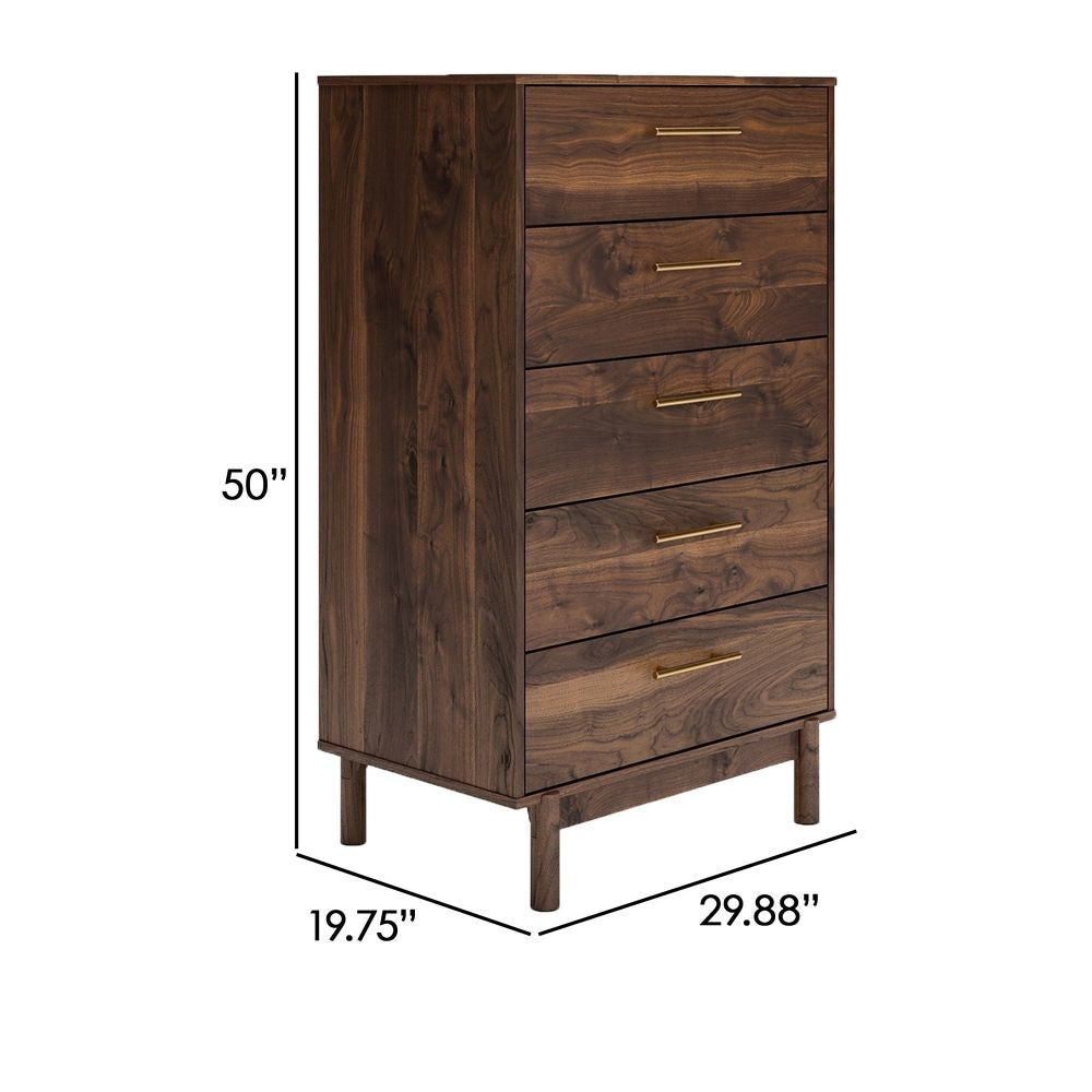 Kip 50 Inch 5 Drawer Modern Tall Dresser Chest Dark Brown Gold Handles By Casagear Home BM296901
