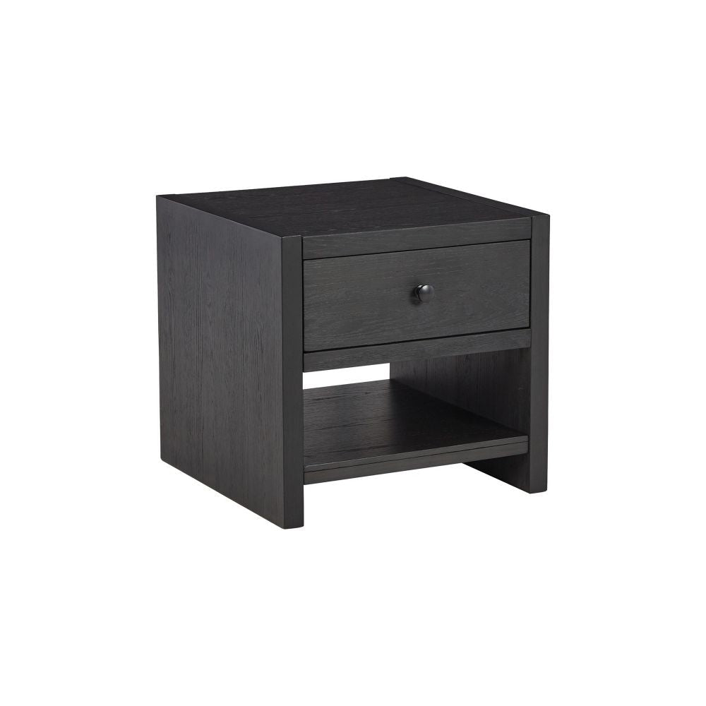 24 Inch Square Side End Table, Wire Brushed Black Wood, Single Drawer  By Casagear Home