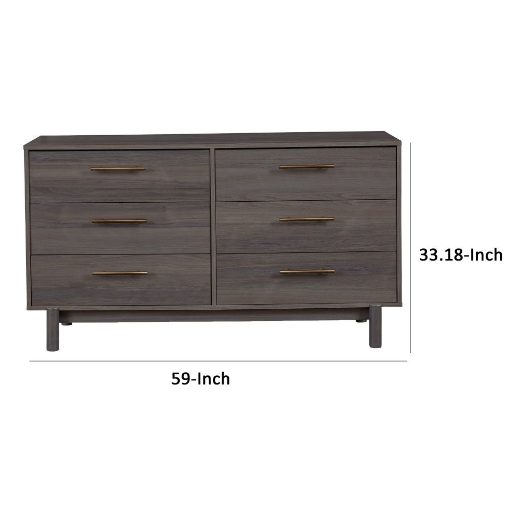 Dien 59 Inch Modern Dresser Gray Wood Frame 6 Drawers Gold Metal Handles By Casagear Home BM296943