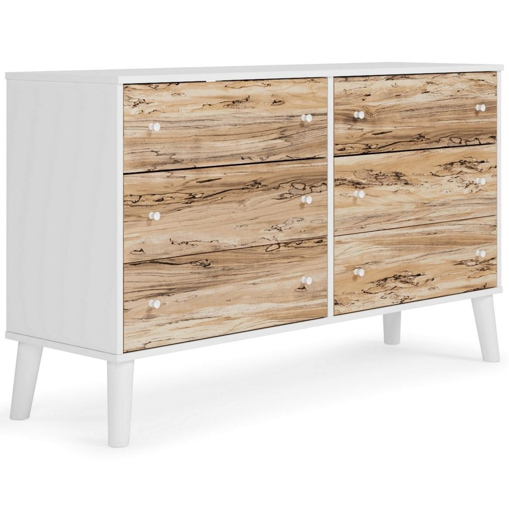 Asher 59 Inch Contemporary Dresser, 6 Drawers, White and Natural Brown By Casagear Home