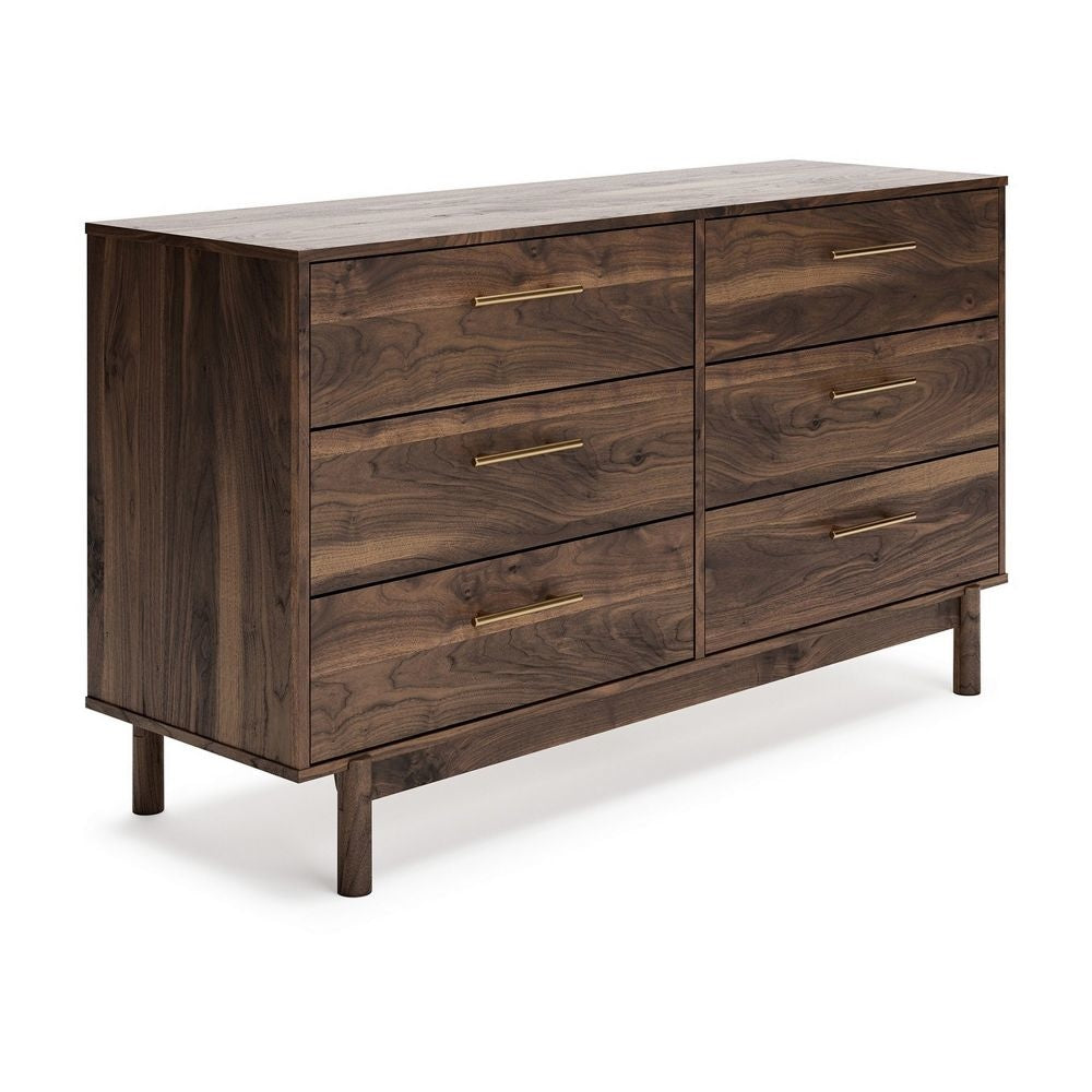 Kip 59 Inch Modern Dresser, Brown Wood Frame, 6 Drawers, Gold Metal Handles Kip 59 Inch Modern Dresser, Brown Wood Frame, 6 Drawers, Gold Metal Handles
