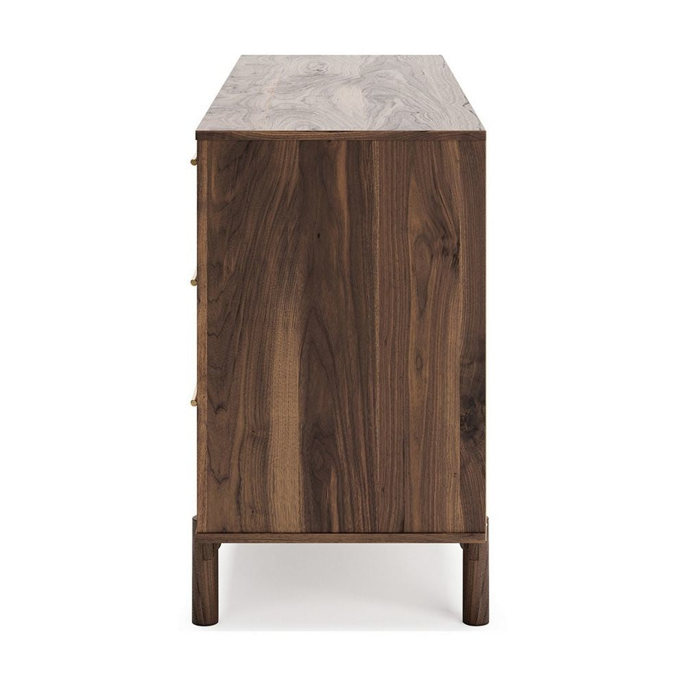 Kip 59 Inch Modern Dresser, Brown Wood Frame, 6 Drawers, Gold Metal Handles Kip 59 Inch Modern Dresser, Brown Wood Frame, 6 Drawers, Gold Metal Handles