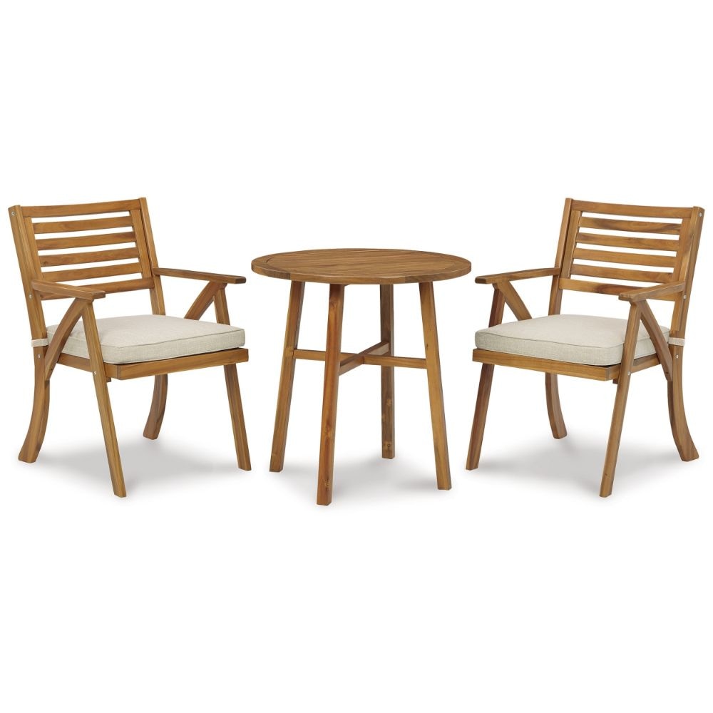 3 Piece Outdoor Chair and Table Patio Set, Brown Acacia Wood, Slatted Back By Casagear Home