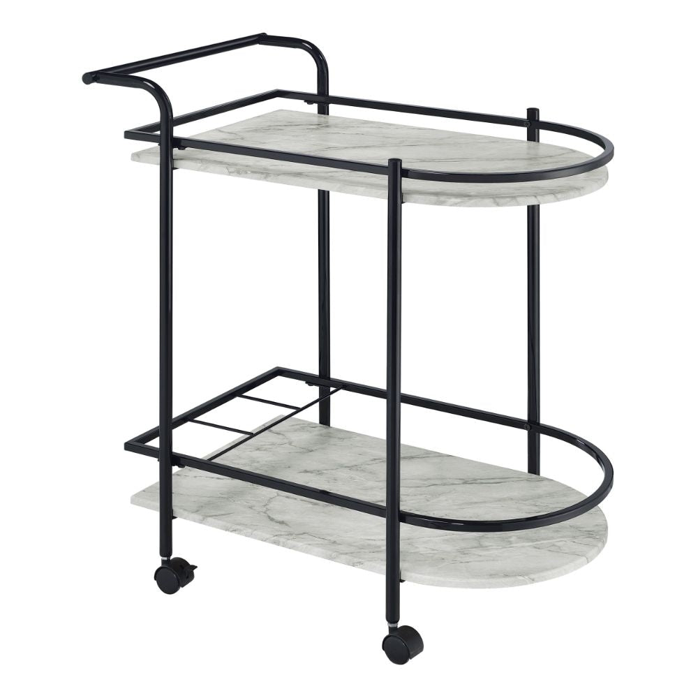 Rhea Bar Cart | 32" | U-Shaped Tray | Faux Marble Shelves | Black
