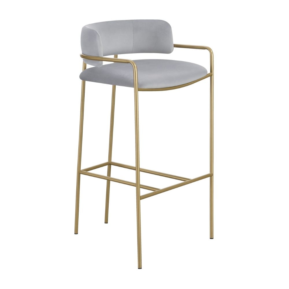 Lox 30 Inch Modern Barstool, Gray Padded Back and Seat, Gold Finish Metal By Casagear Home