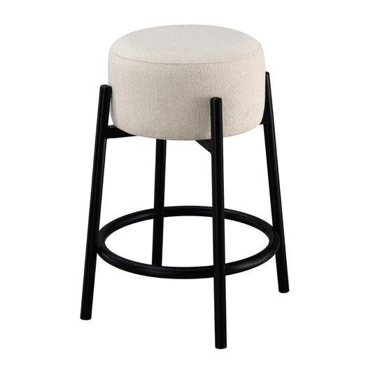 25 Inch Set of 2 Round Counter Height Stools, Black, White Fabric Pouf Seat By Casagear Home