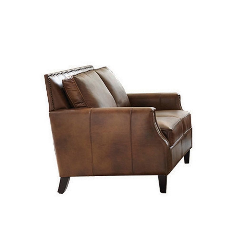 Rich 60 Inch Loveseat, Recessed Arms, Nailhead Trim, Brown Leather Fabric By Casagear Home