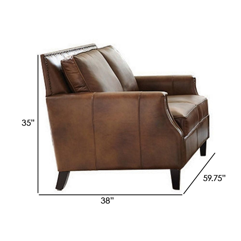 Rich 60 Inch Loveseat Recessed Arms Nailhead Trim Brown Leather Fabric By Casagear Home BM297242