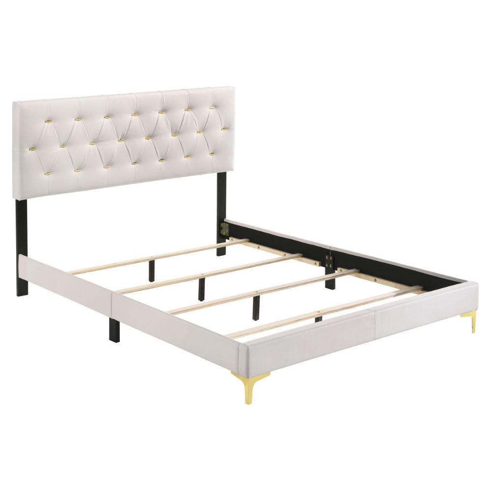 Lif Platform Queen Size Bed Panel Tufted Headboard Gold Legs White Velvet By Casagear Home BM297258