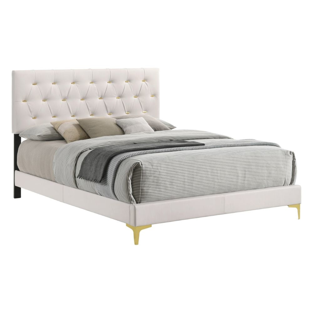 Lif Platform California King Size Bed, Tufted Headboard, Gold, White Velvet By Casagear Home