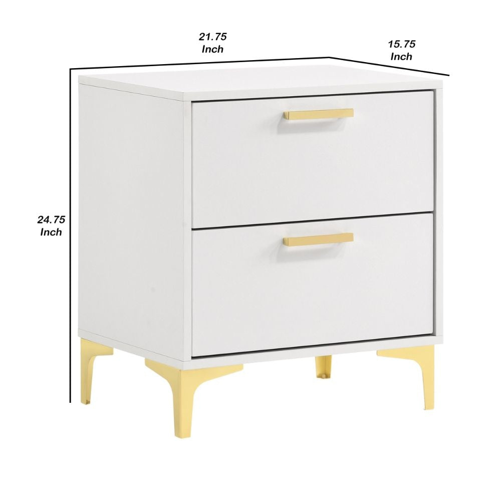 Lif 25 Inch Modern 2 Drawer Nightstand Gold Metal Accents Pure White By Casagear Home BM297267