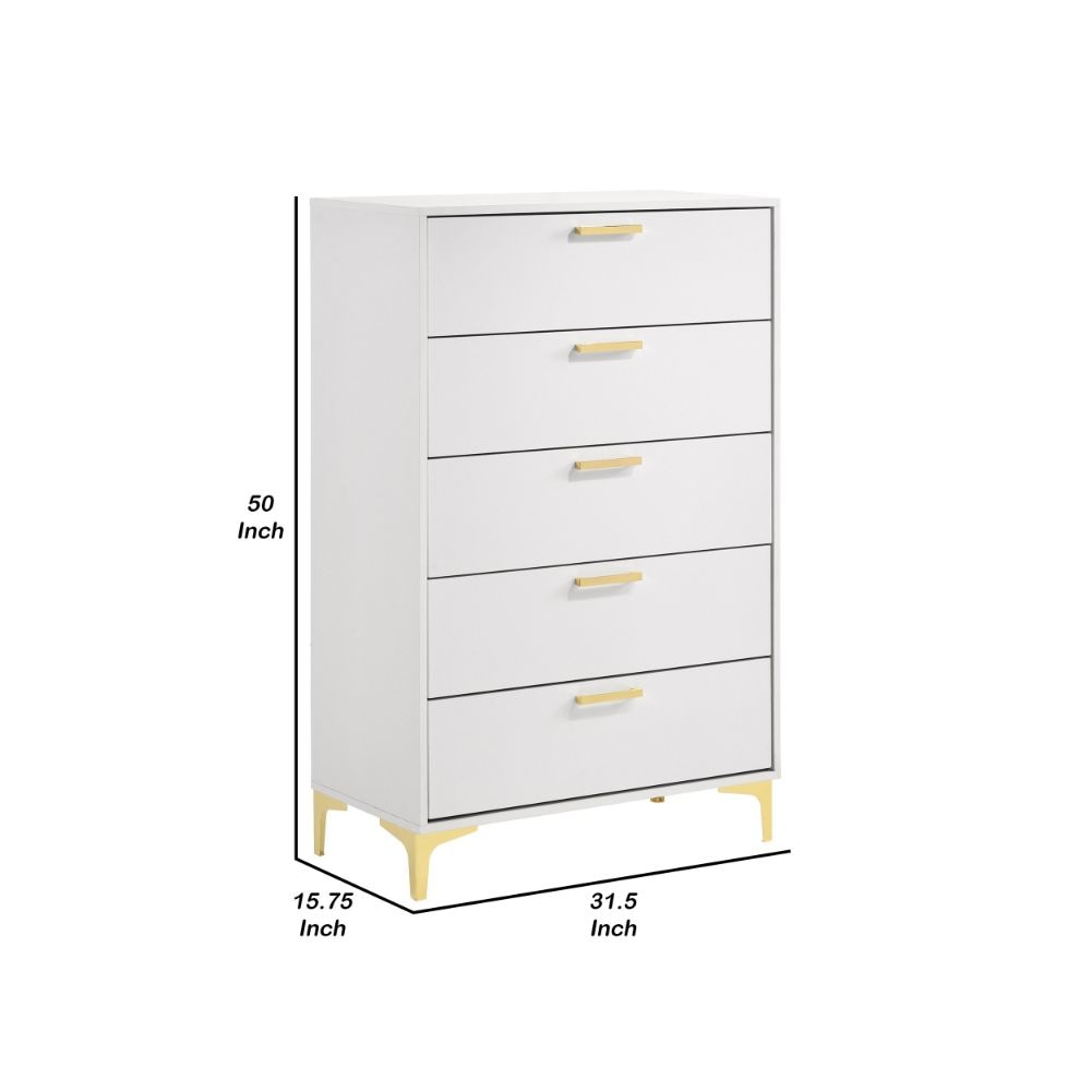 Lif 50 Inch Modern 5 Drawer Tall Dresser Chest Gold Accents Smooth White By Casagear Home BM297269