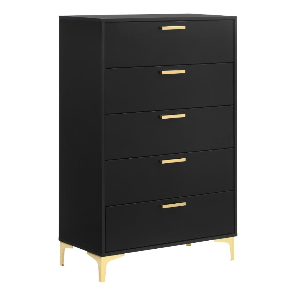 Lif 50 Inch Modern 5 Drawer Tall Dresser Chest, Gold Accents, Smooth Black By Casagear Home
