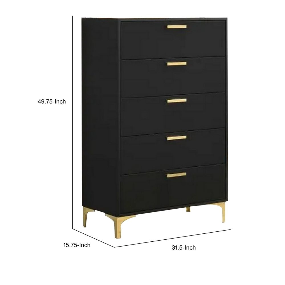 Lif 50 Inch Modern 5 Drawer Tall Dresser Chest Gold Accents Smooth Black By Casagear Home BM297271