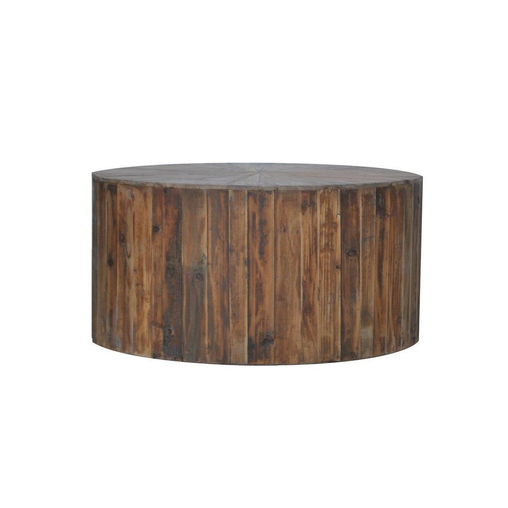 36 Inch Round Drum Coffee Table, Classic Plank Design, Rustic Brown Wood By Casagear Home