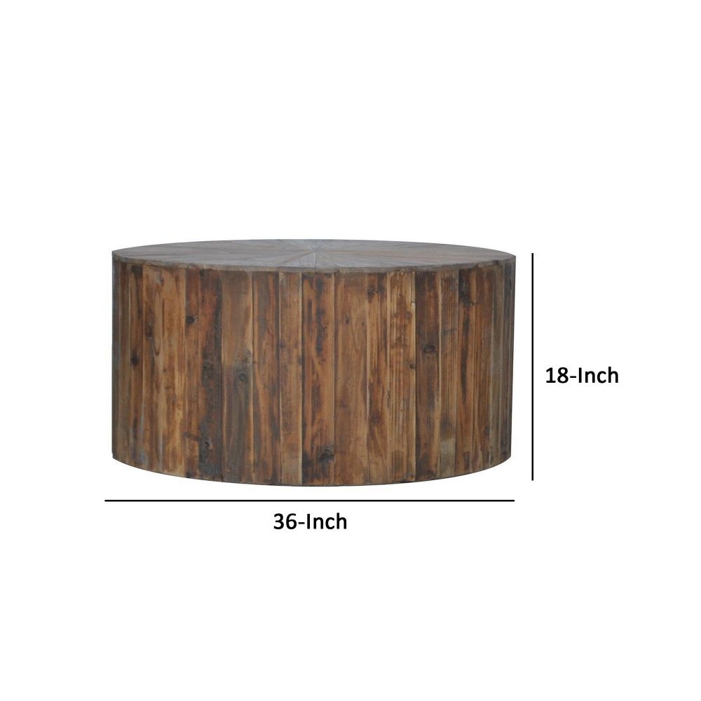 36 Inch Round Drum Coffee Table Classic Plank Design Rustic Brown Wood By Casagear Home BM297291