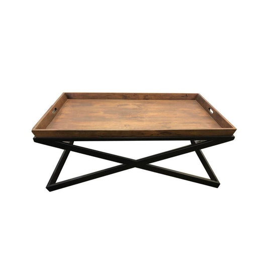 47 Inch Modern Coffee Table, Square Wood Tray Top, X Framed Black Iron Base By Casagear Home