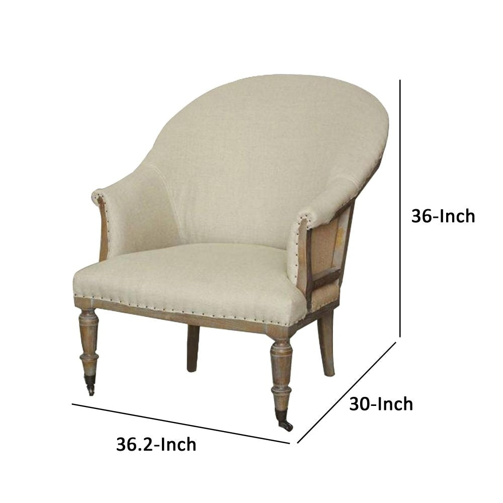 36 Inch Library Accent Armchair Handcrafted Wood Frame Padded Cream Linen By Casagear Home BM297304