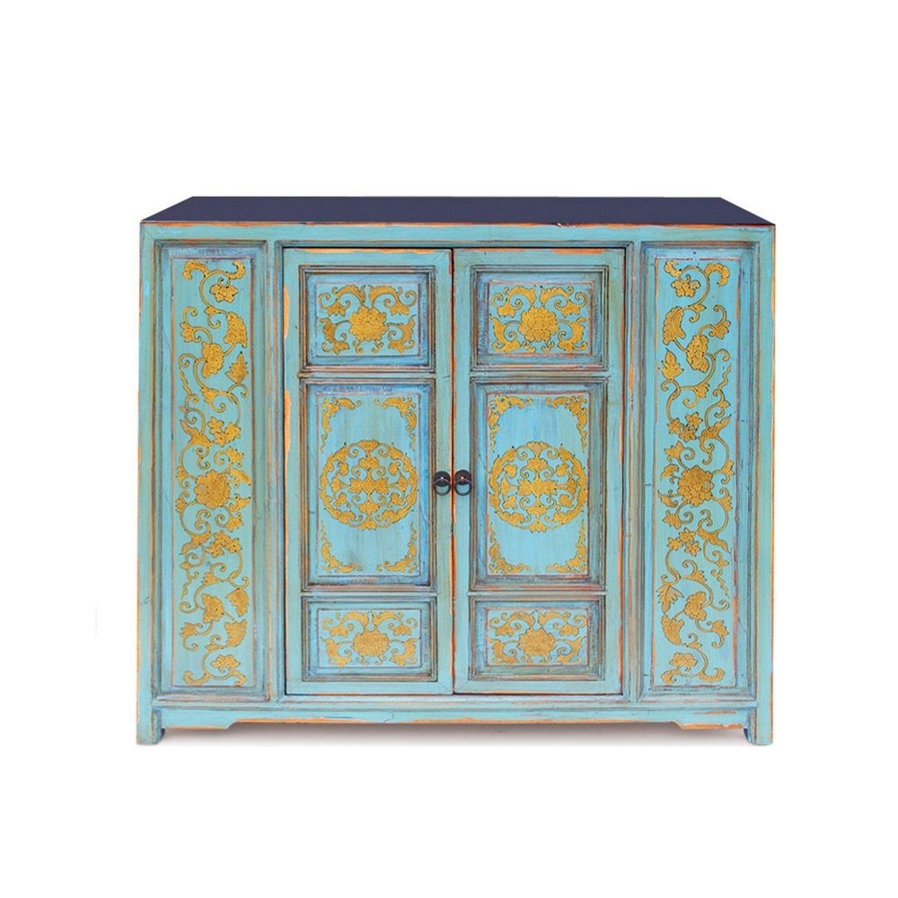 Florentine 43 Inch Vintage Sideboard Buffet Cabinet, 2 Door, Teal and Gold By Casagear Home