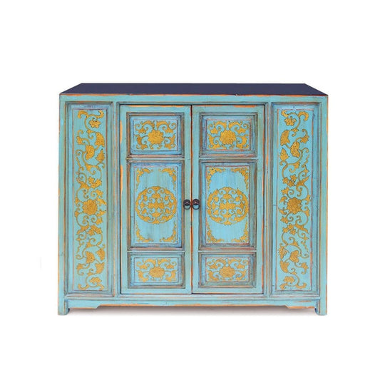 Florentine 43 Inch Vintage Sideboard Buffet Cabinet, 2 Door, Teal and Gold By Casagear Home