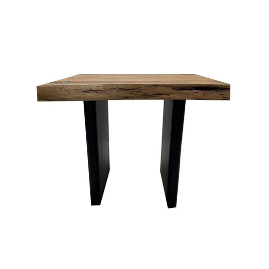 Mya 23 Inch Square End Table with Live Edge Wood Top, Wide Black Iron Legs By Casagear Home