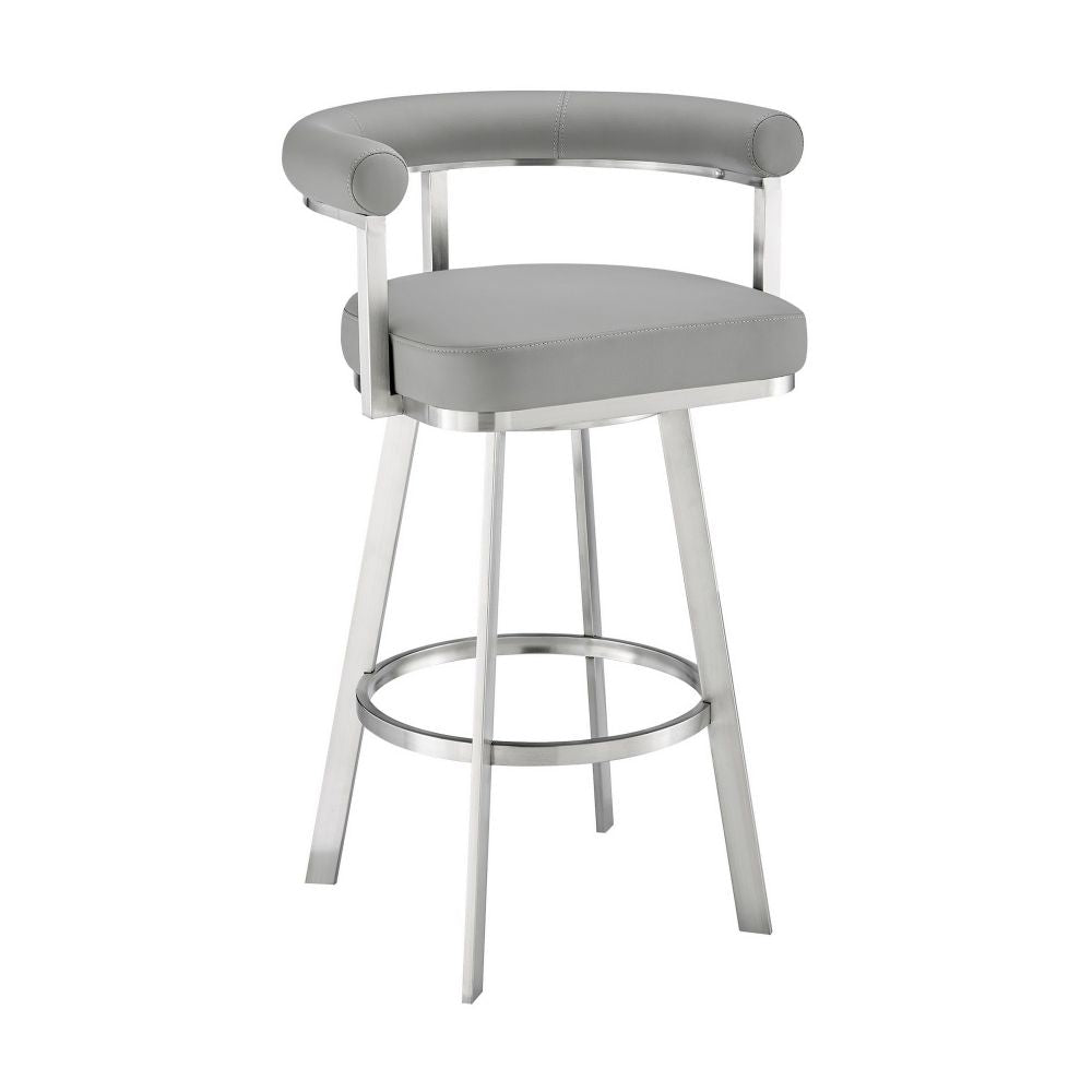 Gini 26 Inch Swivel Counter Stool, Round Back, Chrome, Gray Faux Leather By Casagear Home