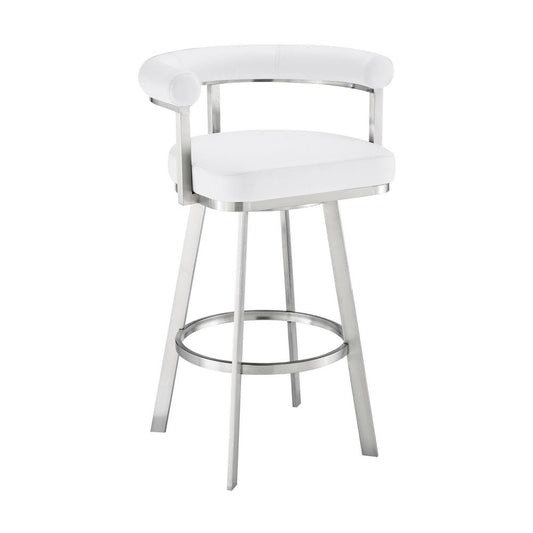 Gini 26 Inch Swivel Counter Stool, Round Back, Chrome, White Faux Leather By Casagear Home