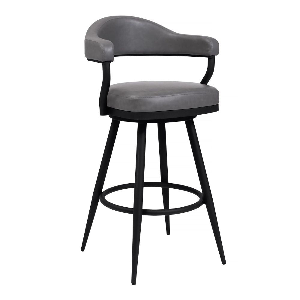 Knw 30 Inch Swivel Barstool Armchair, Black, Vintage Gray Faux Leather By Casagear Home