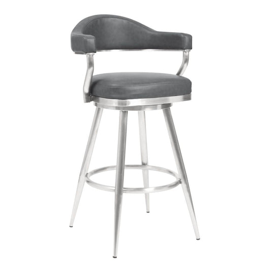 Knw 26 Inch Swivel Counter Stool Chair, Vintage Gray Faux Leather, Chrome By Casagear Home