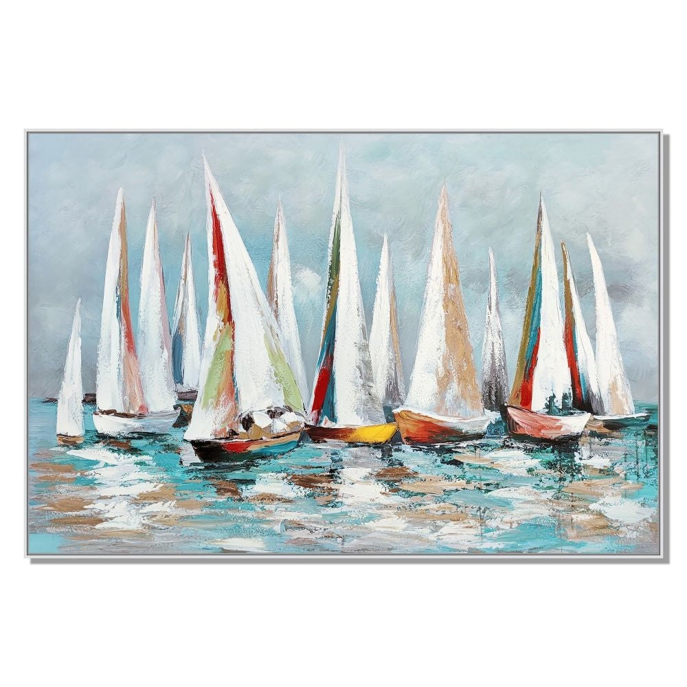 Hy 39 x 59 Hand Painted Multicolor Floating Boats, Modern, White Frame  By Casagear Home